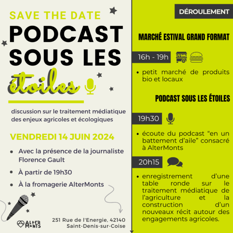 Saint-Denis-sur-Coise : un marché estival exceptionnel "sous les étoiles" avec AlterMonts et la journaliste Florence Gault 1 Saint-Denis-sur-Coise : un marché estival exceptionnel "sous les étoiles" avec AlterMonts et la journaliste Florence Gault