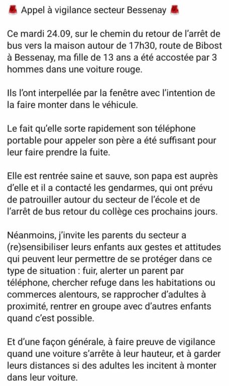 Appel à la vigilance dans le secteur de Bessenay après une tentative présumée d'enlèvement 1 Capture d'écran du message partagé sur les réseaux sociaux