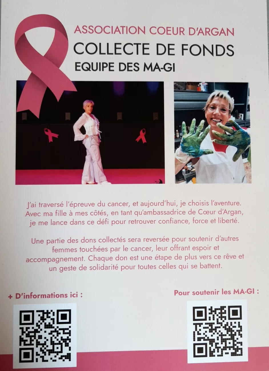 Gisèle Feminier et sa fille vont participer au raid Cœur d'Argan pour sensibiliser aux cancers féminins 2 Flyer collecte de fonds pour les MA-GI.
© Maia Gonzalez Buzzi