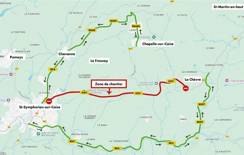 Route départementale 311 : fermeture totale du 7 au 16 juillet dans les Monts du Lyonnais 1 Plan déviation travaux entre Saint-Symphorien-sur-Coise et Larajasse