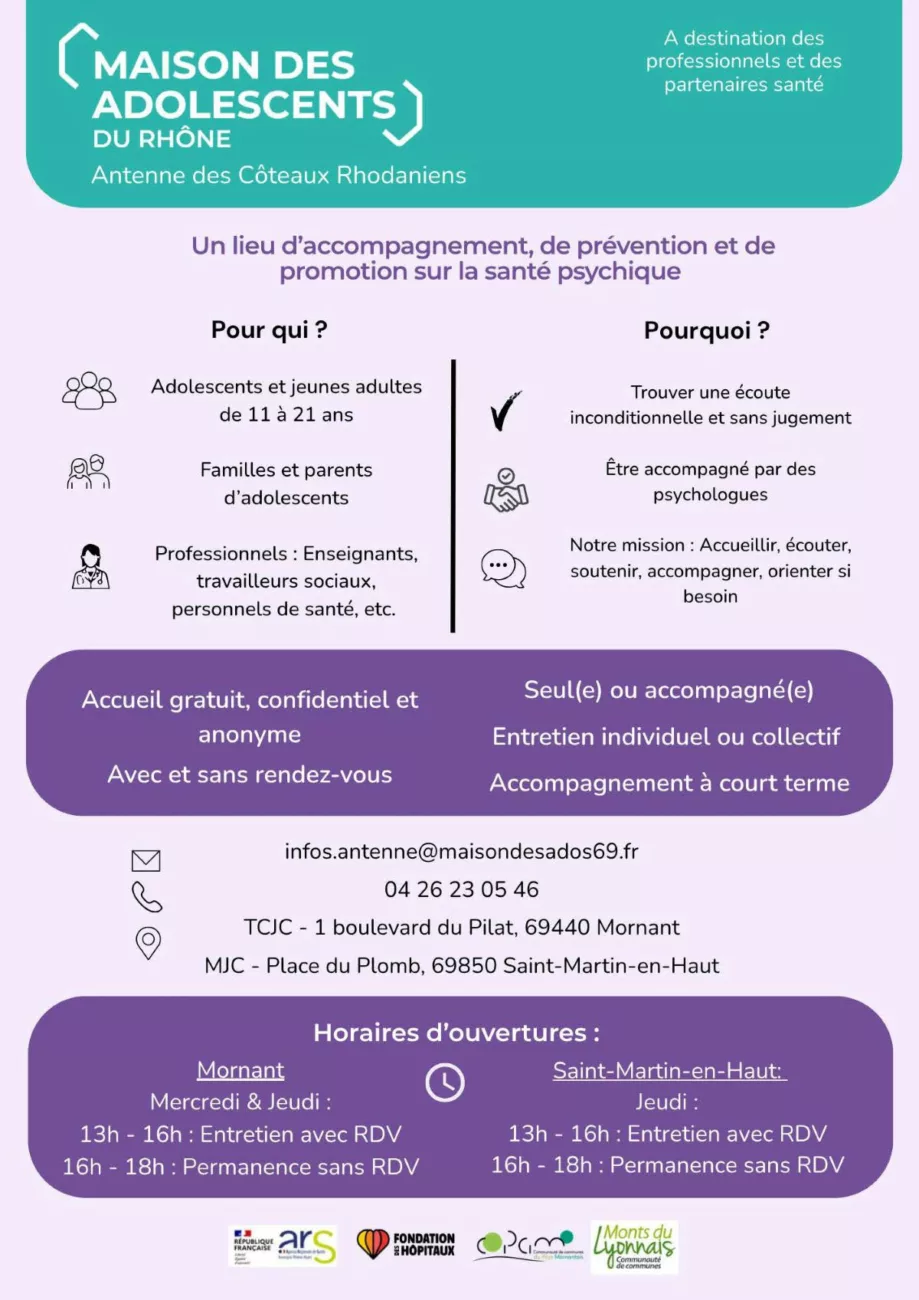 La Maison des Adolescents ouvre deux antennes d'écoute pour les jeunes à Saint-Martin-en-Haut et Mornant 1 La Maison des Adolescents ouvre deux antennes d'écoute pour les jeunes à Saint-Martin-en-Haut et Mornant