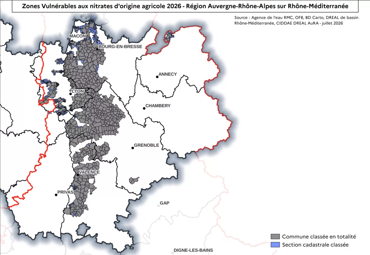 Pollution aux nitrates : 6 nouvelles communes vulnérable dans les Monts du Lyonnais. 1 zones vulnérables aux nitrates d'origine agricole 2026
